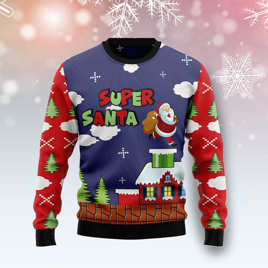 Super Santa HZ121009 unisex womens & mens, couples matching, friends, funny family ugly christmas holiday sweater gifts (plus size available)