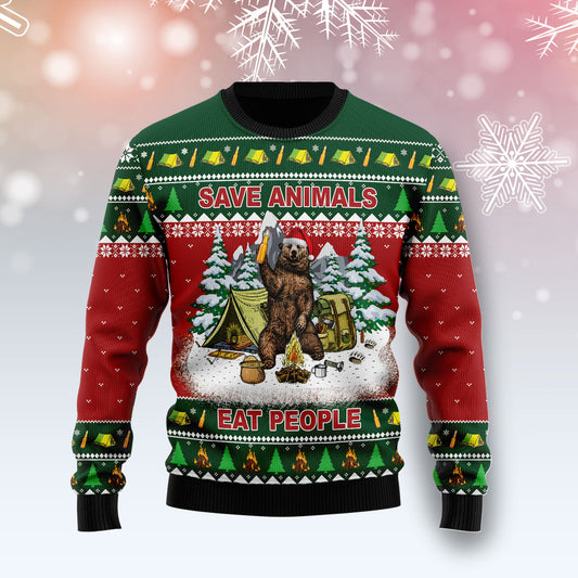 Save Animals, Eat People Bear HZ120915 unisex womens & mens, couples matching, friends, funny family ugly christmas holiday sweater gifts (plus size available)