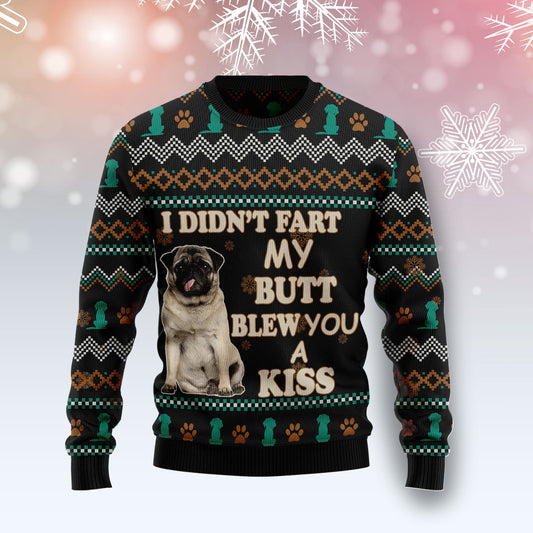 Pug A Kiss T2611 unisex womens & mens, couples matching, friends, funny family ugly christmas holiday sweater gifts (plus size available)