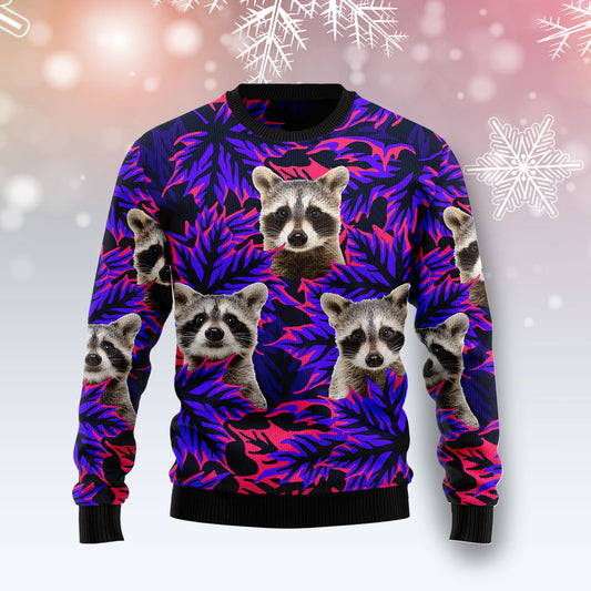 Raccoon Leaves TY0112 unisex womens & mens, couples matching, friends, funny family ugly christmas holiday sweater gifts (plus size available)