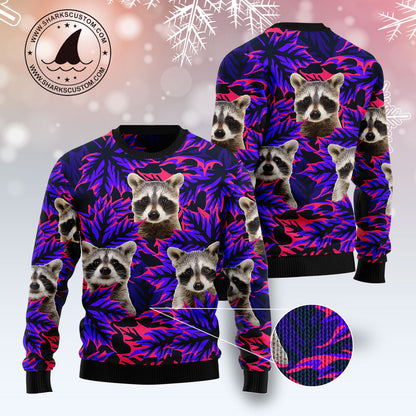 Raccoon Leaves TY0112 unisex womens & mens, couples matching, friends, funny family ugly christmas holiday sweater gifts (plus size available)