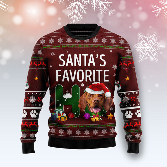 Vizsla Santa‘s Favorite Ho TY0412 unisex womens & mens, couples matching, friends, funny family ugly christmas holiday sweater gifts (plus size available)