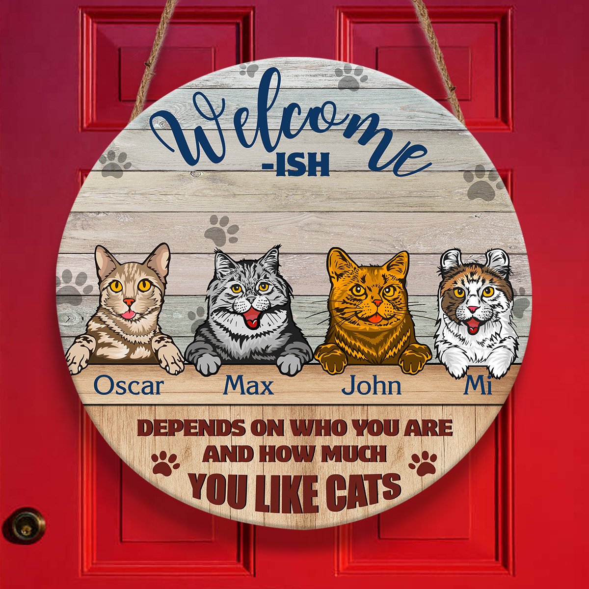 Welcome-ish Cat Christmas Door Sign Personalizedwitch Personalized Round Wood Sign Outdoor Decor