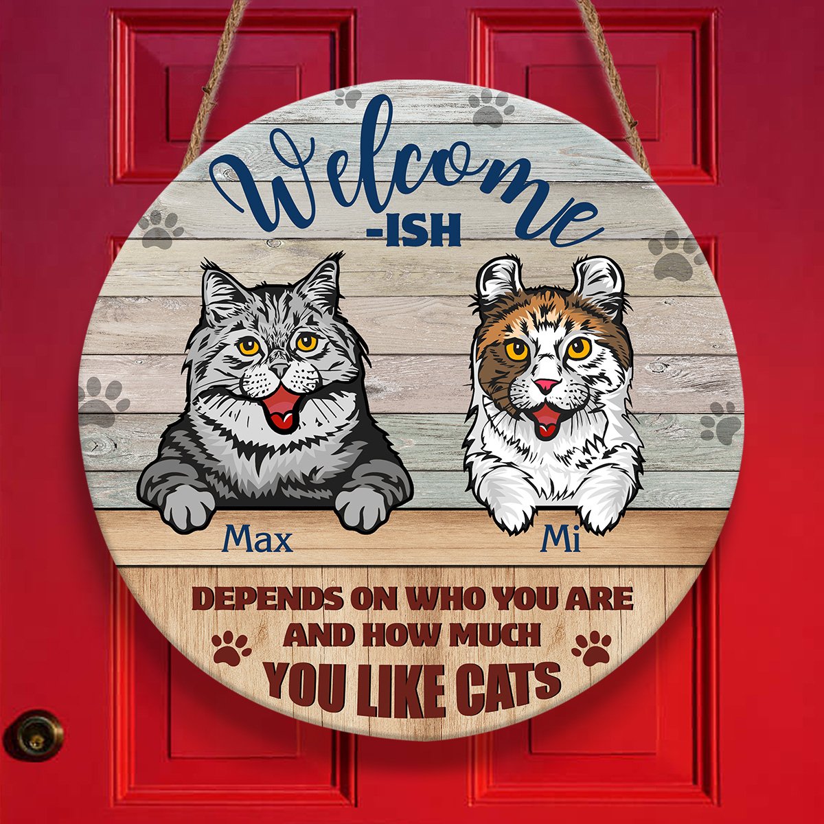 Welcome-ish Cat Christmas Door Sign Personalizedwitch Personalized Round Wood Sign Outdoor Decor