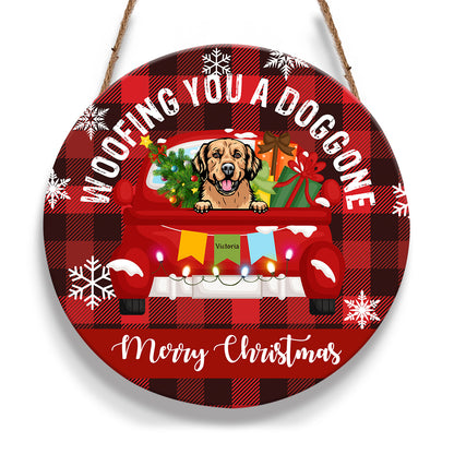 Woofing You A Doggone Merry Christmas Redtruck Dog Door Sign Personalizedwitch Personalized Round Wood Sign Outdoor Decor