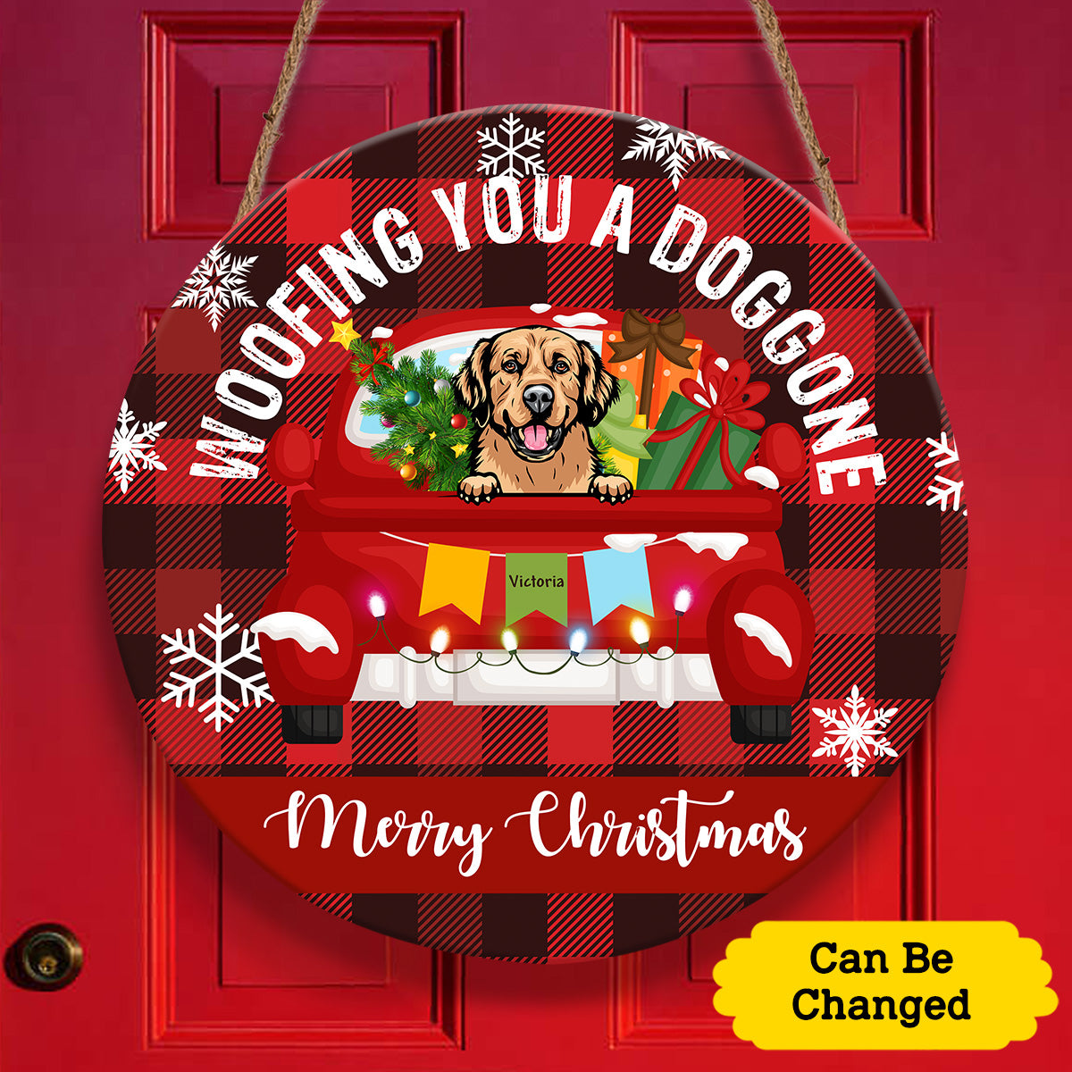 Woofing You A Doggone Merry Christmas Redtruck Dog Door Sign Personalizedwitch Personalized Round Wood Sign Outdoor Decor